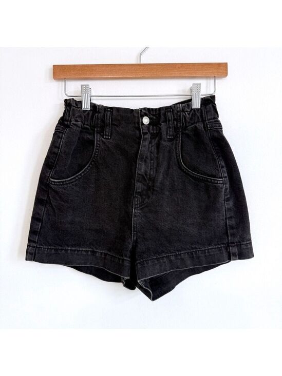 Topshop Pants - Topshop High Waisted Paperbag Black Denim Shorts Womens US 2 Cotton